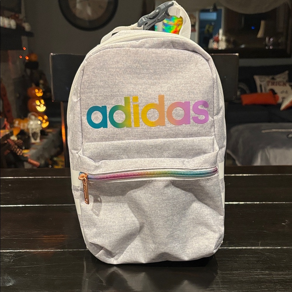 Adidas Kids Gray Backpack with Multicolor Logo NWOT L 11” x 8”